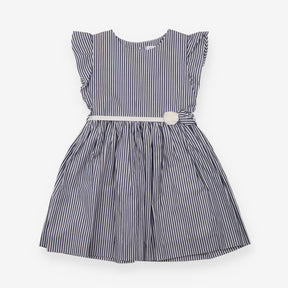 White and Blue Striped Dress with Rose Belt