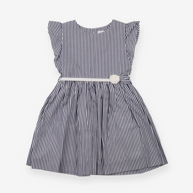 White and Blue Striped Dress with Rose Belt