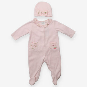 Pink Velour Sleepsuit + Hat - Laura Ashley