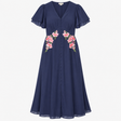 Navy Floral Embroidered Button-Front Midi Dress
