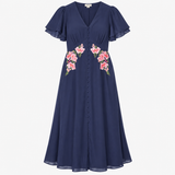 Navy Floral Embroidered Button-Front Midi Dress