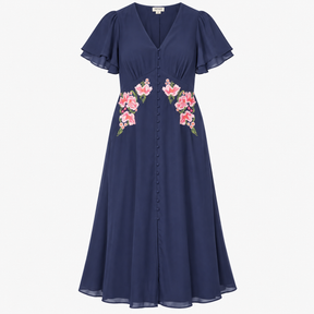 Navy Floral Embroidered Button-Front Midi Dress
