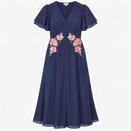 Navy Floral Embroidered Button-Front Midi Dress