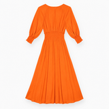 Orange Midi Dress with Smocked Waist and Long Slee