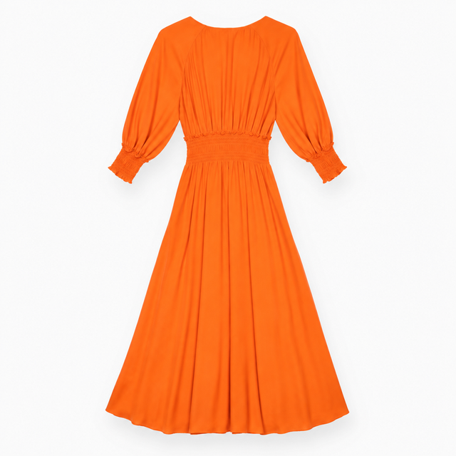 Orange Midi Dress with Smocked Waist and Long Slee