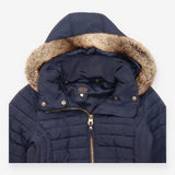 Jacket Hooded Padded Faux Fur Trim Navy Blue