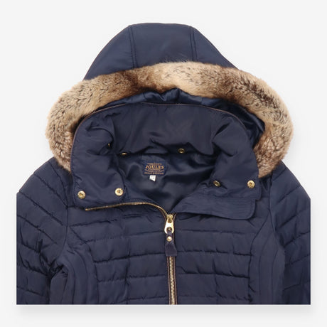 Jacket Hooded Padded Faux Fur Trim Navy Blue