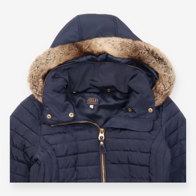Jacket Hooded Padded Faux Fur Trim Navy Blue