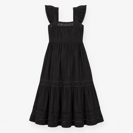 Dress Midi Cotton Lace Tiered Black Cap Sleeve
