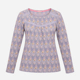 Top Lilac Paisley Print Long Sleeves Gathered Yoke