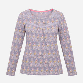 Top Lilac Paisley Print Long Sleeves Gathered Yoke