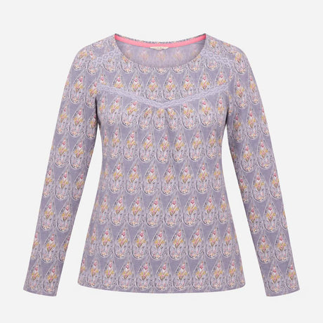 Top Lilac Paisley Print Long Sleeves Gathered Yoke