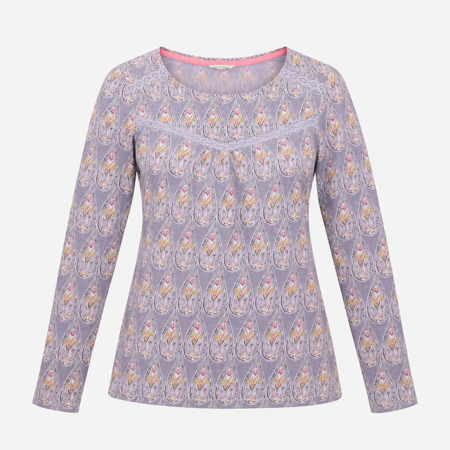Top Lilac Paisley Print Long Sleeves Gathered Yoke
