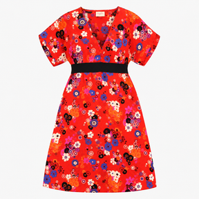 Red Multicoloured Floral Print V-Neck Midi Dress