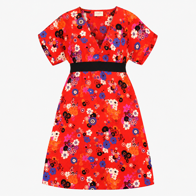 Red Multicoloured Floral Print V-Neck Midi Dress