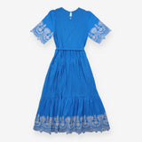 Midi Dress Embroidered Short Sleeve Tie Belt Blue