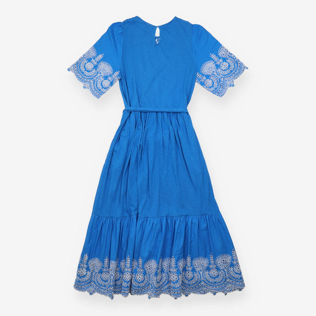 Midi Dress Embroidered Short Sleeve Tie Belt Blue
