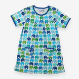 Dress SS jersey white elephants blue green