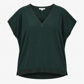 Top Dark Green V Neck Short Sleeve High Low Hem