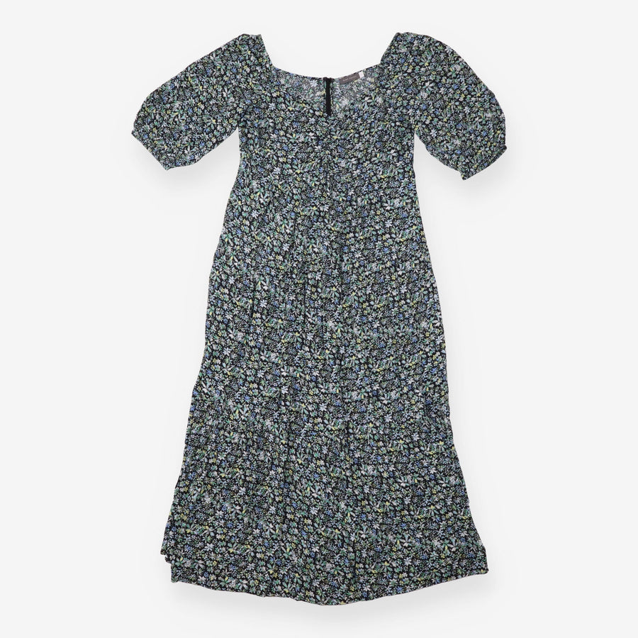 Midi Dress Black Ditsy Floral Print Ruched Front
