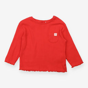 T-Shirt Long Sleeved Red Ribbed with Flower Appliq