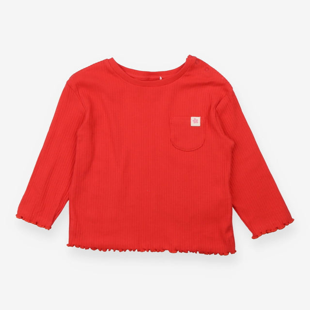 T-Shirt Long Sleeved Red Ribbed with Flower Appliq