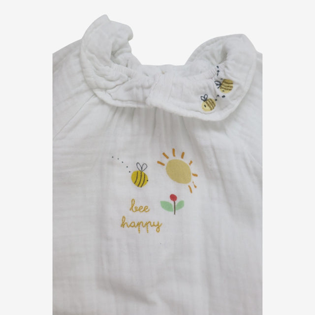 Bodysuit Long Sleeve Collar Muslin White Happy Bee