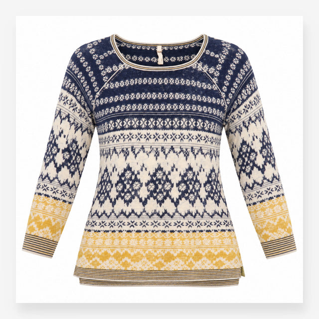 Jumper Linen Cotton Fairisle Pattern Navy Cream Mu