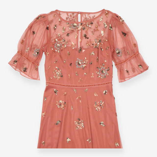 Dusty Pink Sequin Embellished Short Sleeve Maxi Dr