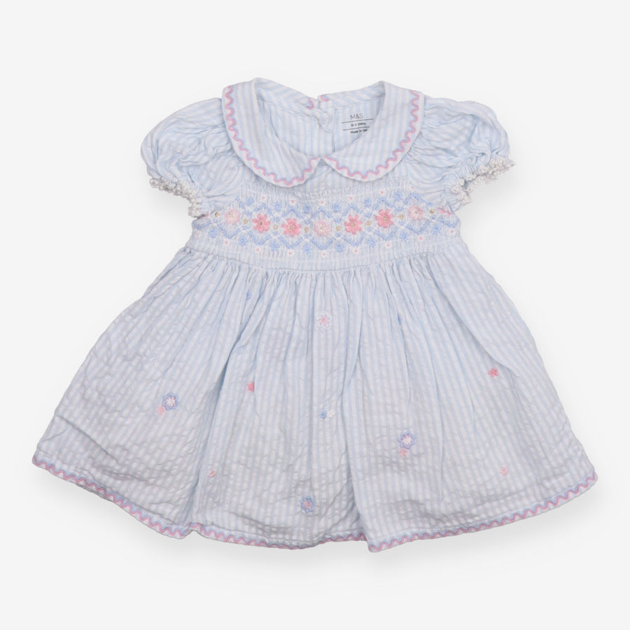 Collared Dress Blue Embroidered Flowers