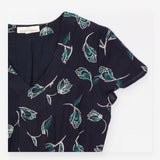Navy Teal Tulip Print V Neck Short Sleeve Midi Dre