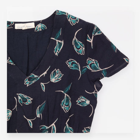 Navy Teal Tulip Print V Neck Short Sleeve Midi Dre