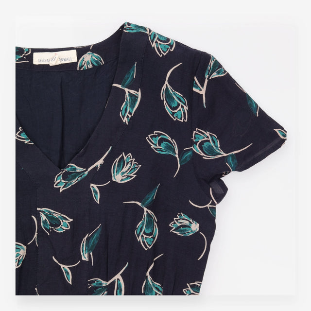 Navy Teal Tulip Print V Neck Short Sleeve Midi Dre