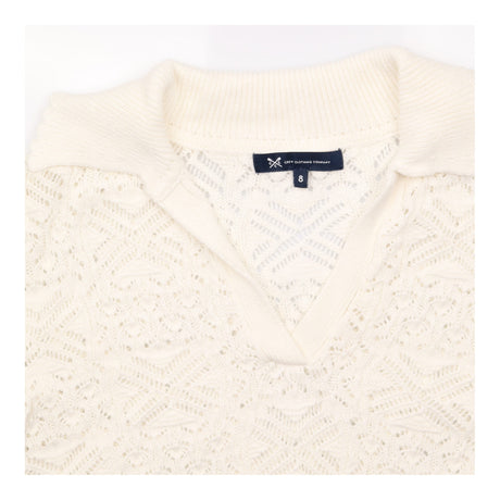 Top Cream Pointelle Crochet Open V Neck