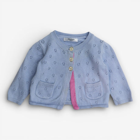 Cardigan blue pointelle pink edging
