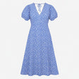 Midi Dress Blue White Abstract Floral Print Tie Ba