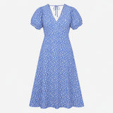 Midi Dress Blue White Abstract Floral Print Tie Ba