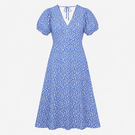 Midi Dress Blue White Abstract Floral Print Tie Ba