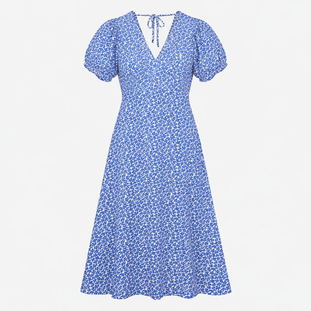 Midi Dress Blue White Abstract Floral Print Tie Ba