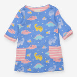 Blue Dinosaur Dress Pink Striped Pockets