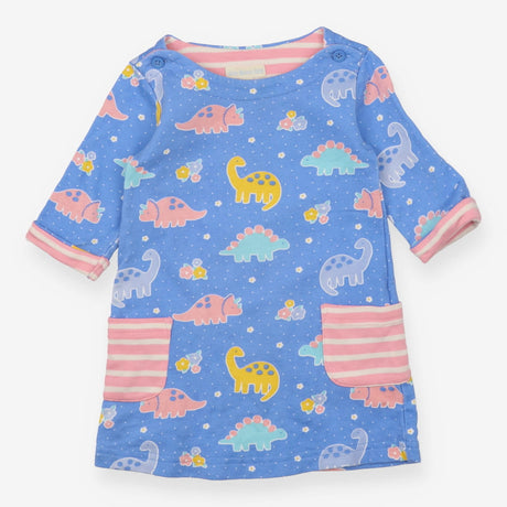 Blue Dinosaur Dress Pink Striped Pockets