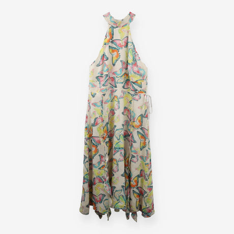 Vintage Silk Midi Dress, Cream Butterfly Print