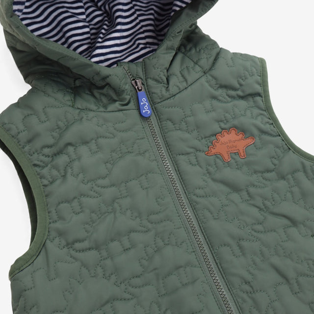 Green dinosaur gilet, stripe lined 