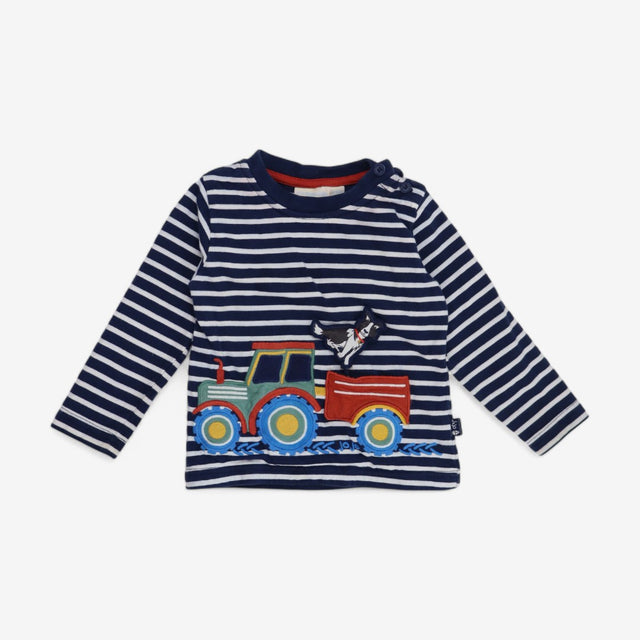Tee blue white stripe tractor applique LS