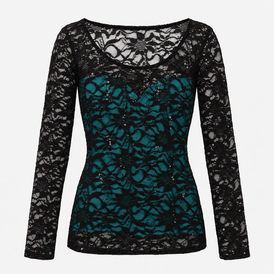 Top Black Teal Blue Lace Sequin Long Sleeve Overla