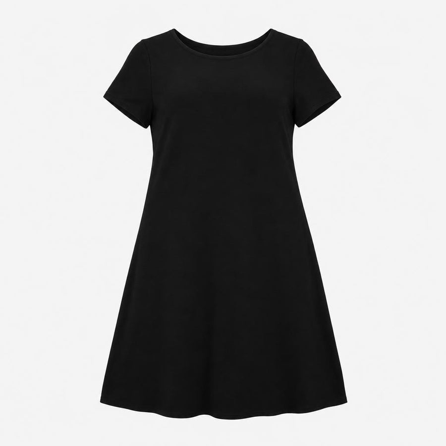 Black Textured Crepe Stretch Scoop Neck Short Slee