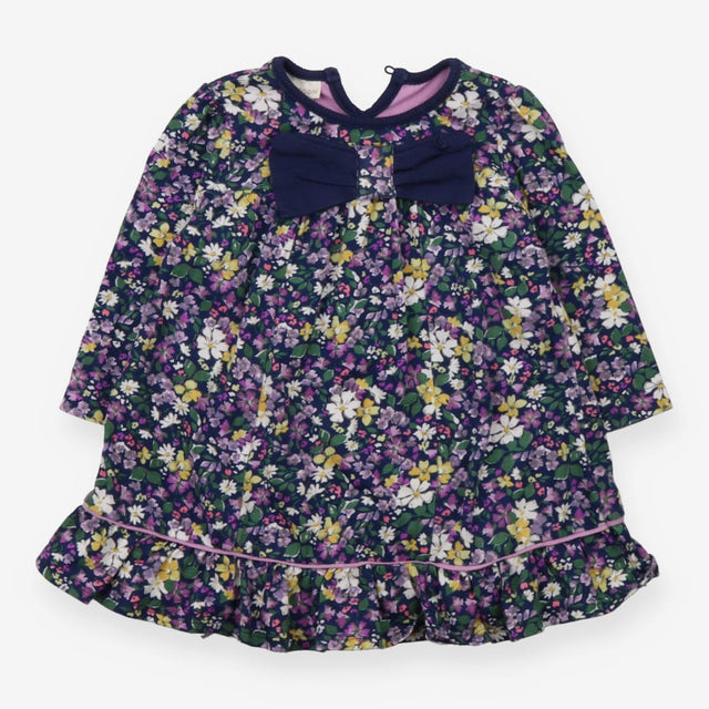 Dress jersey LS blue purple floral big blue bow