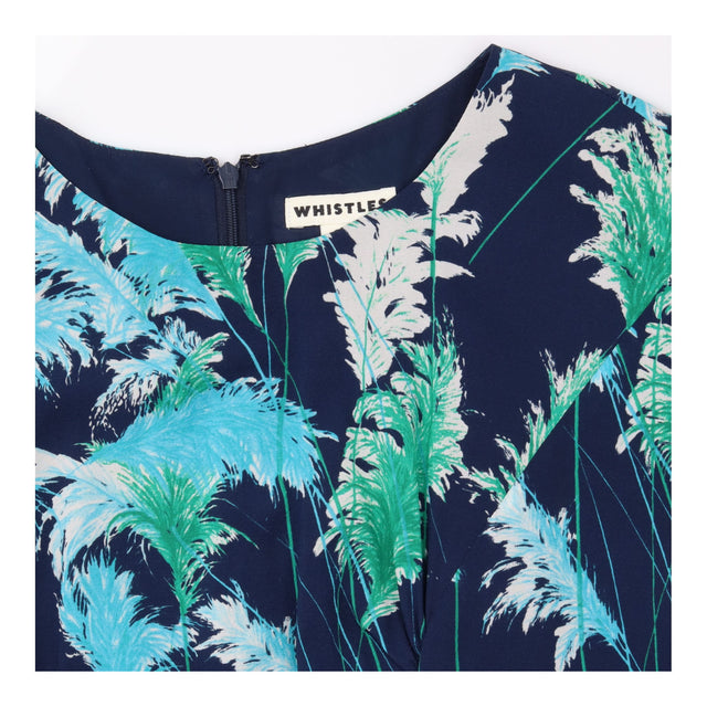 Navy Green Teal Feather Print Ruched Fron