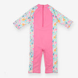 Pink and zoo animal print swimsuit with giraffe ap