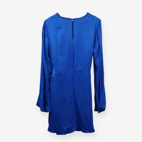 Satin High Neck Long Sleeve Wrap Mini Dress blue